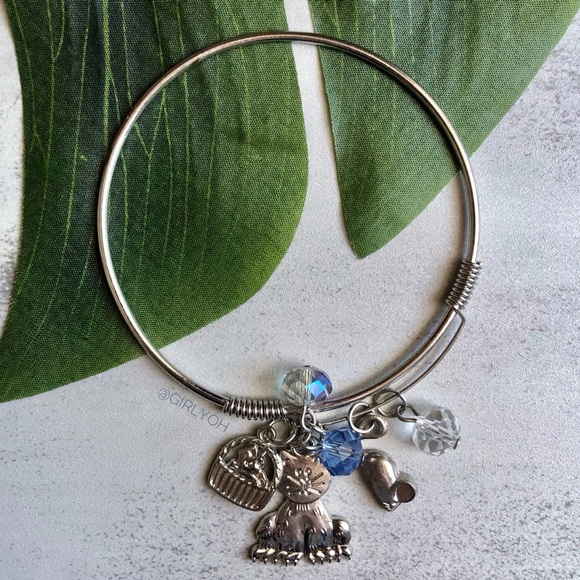 Cat Mouse Bead Silver Charm Bangle Bracelet - Picture 2 of 4